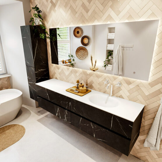 MONDIAZ VICA 190cm mueble de baño Marquina 4 cajones. Lavabo MOON Derecho 1 orificio color Talc con espejo LED.