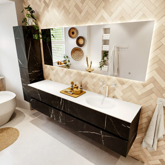 MONDIAZ VICA 200cm mueble de baño Marquina 4 cajones. Lavabo MOON Derecho 1 orificio color Talc con espejo LED.