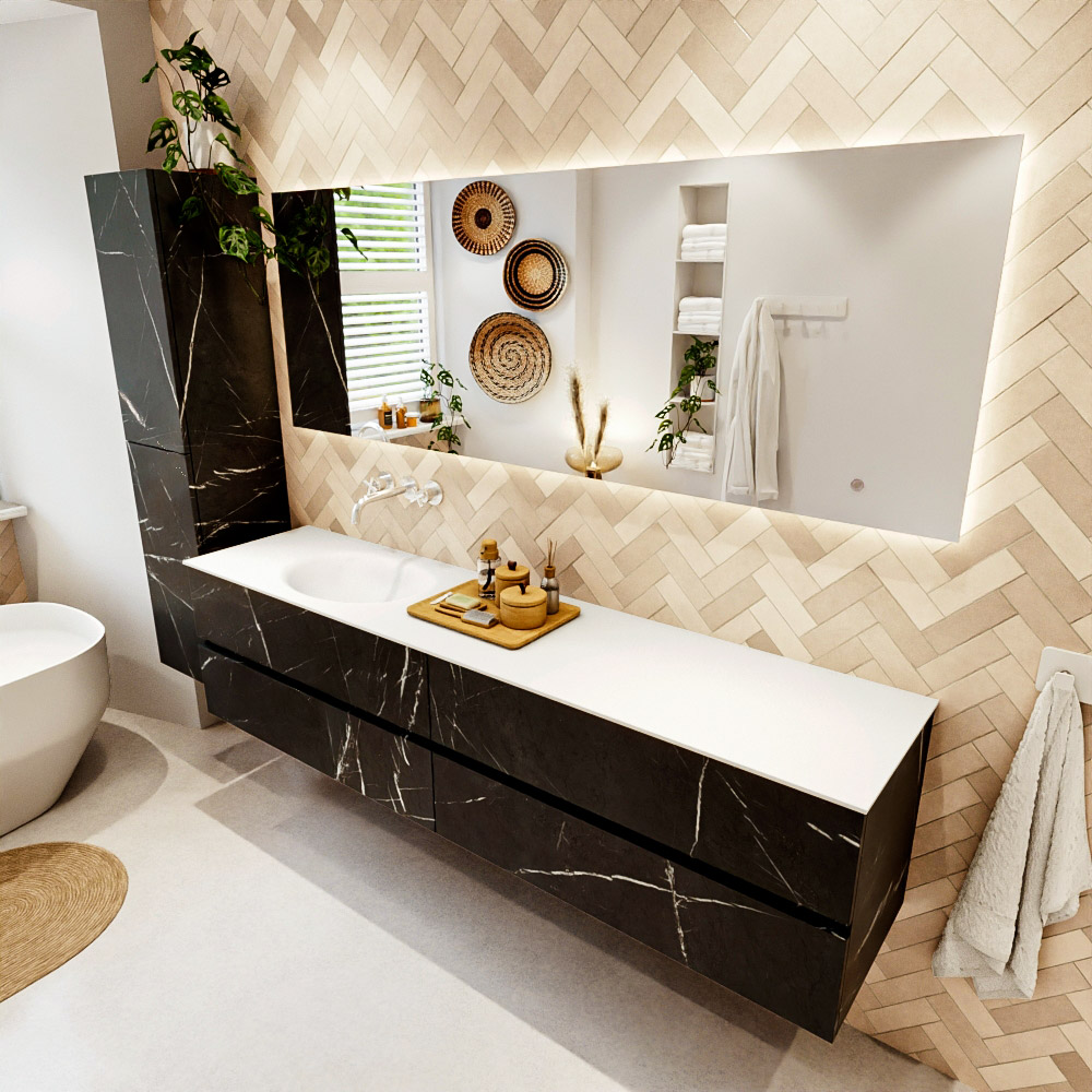 MONDIAZ VICA 200cm mueble de baño Marquina 4 cajones. Lavabo MOON Izquierda sin orificio color Talc con espejo LED. 1 MONDIAZ VICA 200cm mueble de baño Marquina 4 cajones. Lavabo MOON Izquierda sin orificio color Talc con espejo LED.