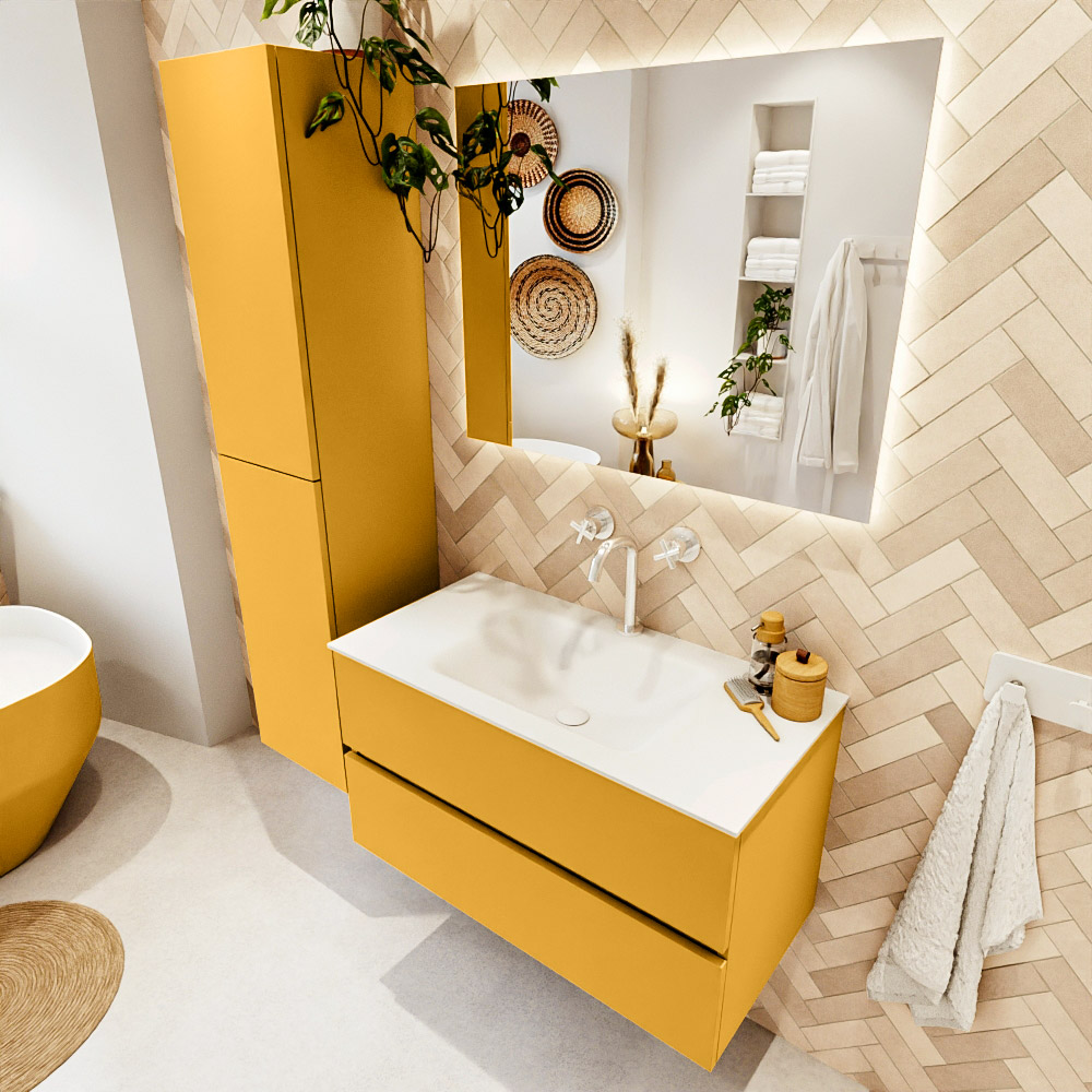 MONDIAZ VICA 90cm mueble de baño Ocher 2 cajones. Lavabo CLOUD Centro 1 orificio color Talc con espejo LED. 1 MONDIAZ VICA 90cm mueble de baño Ocher 2 cajones. Lavabo CLOUD Centro 1 orificio color Talc con espejo LED.