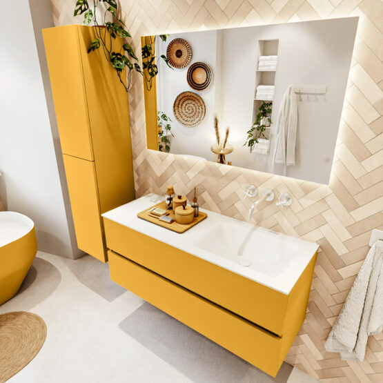 MONDIAZ VICA 120cm mueble de baño Ocher 2 cajones. Lavabo CLOUD Derecho sin orificio color Talc con espejo LED.