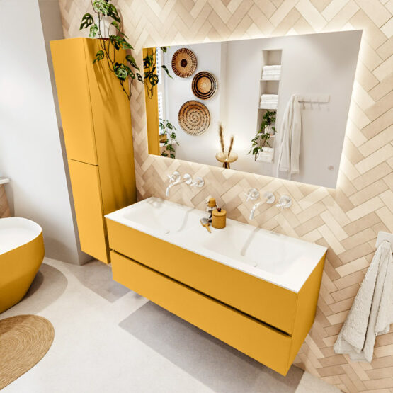 MONDIAZ VICA 130cm mueble de baño Ocher 2 cajones. Lavabo CLOUD Doble sin orificio color Talc con espejo LED.