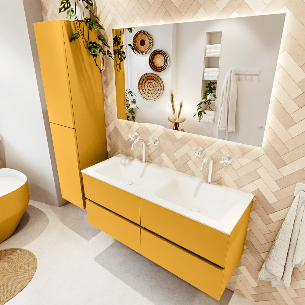 MONDIAZ VICA 120cm mueble de baño Ocher 4 cajones. Lavabo CLOUD Doble 2 orificios color Talc con espejo LED. 1 MONDIAZ VICA 120cm mueble de baño Ocher 4 cajones. Lavabo CLOUD Doble 2 orificios color Talc con espejo LED.