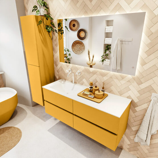 MONDIAZ VICA 130cm mueble de baño Ocher 4 cajones. Lavabo CLOUD Izquierda 1 orificio color Talc con espejo LED.