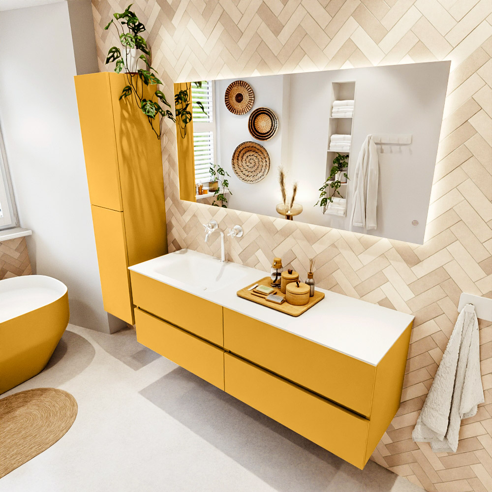 MONDIAZ VICA 150cm mueble de baño Ocher 4 cajones. Lavabo CLOUD Izquierda 1 orificio color Talc con espejo LED. 1 MONDIAZ VICA 150cm mueble de baño Ocher 4 cajones. Lavabo CLOUD Izquierda 1 orificio color Talc con espejo LED.