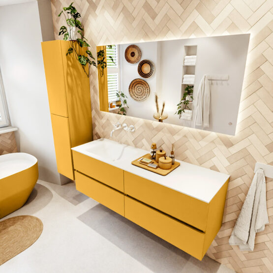 MONDIAZ VICA 150cm mueble de baño Ocher 4 cajones. Lavabo CLOUD Izquierda sin orificio color Talc con espejo LED.