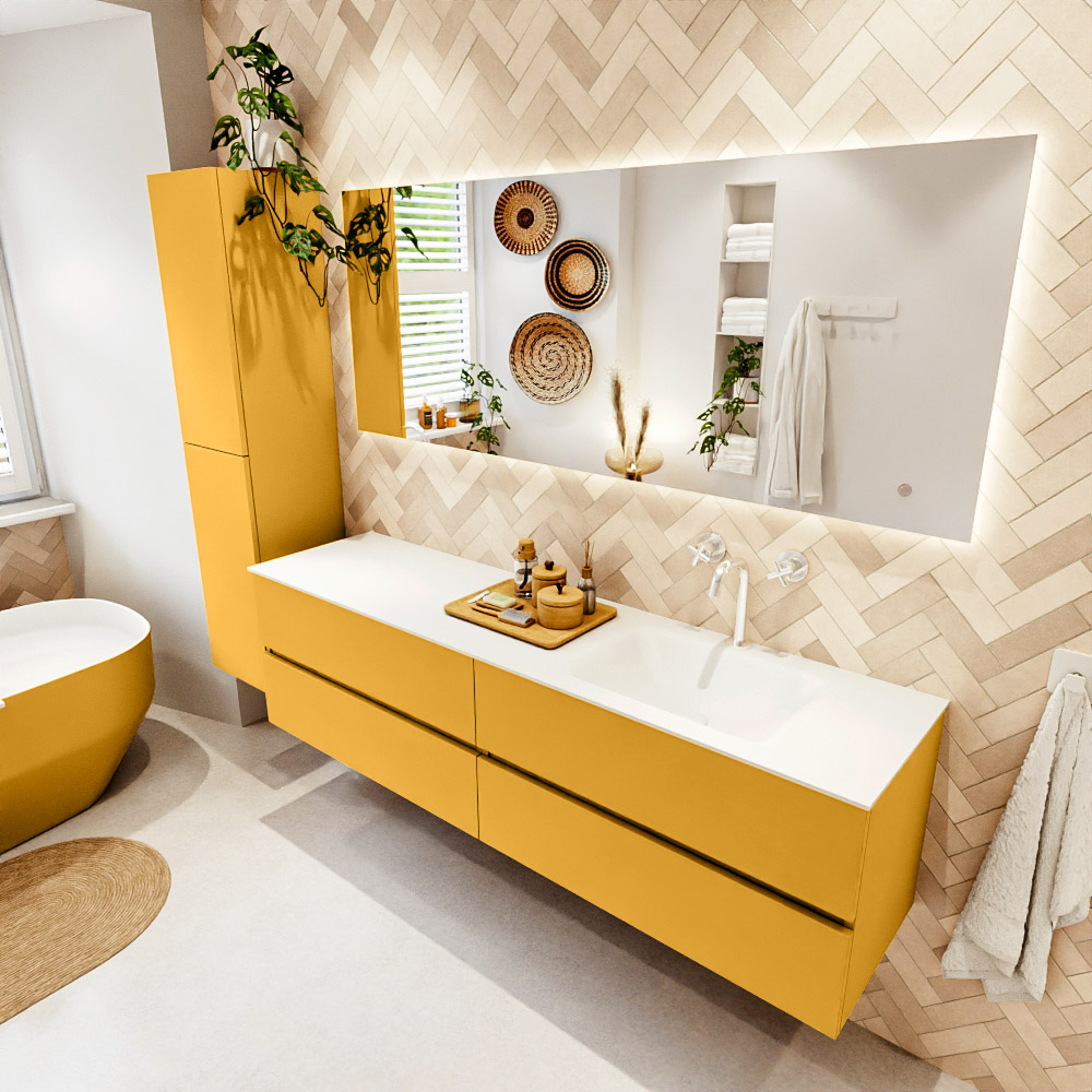 MONDIAZ VICA 180cm mueble de baño Ocher 4 cajones. Lavabo CLOUD Derecho 1 orificio color Talc con espejo LED. 1 MONDIAZ VICA 180cm mueble de baño Ocher 4 cajones. Lavabo CLOUD Derecho 1 orificio color Talc con espejo LED.