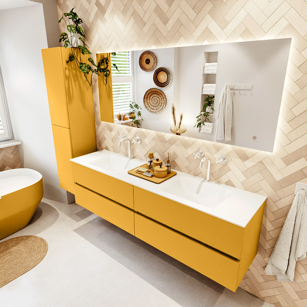 MONDIAZ VICA 180cm mueble de baño Ocher 4 cajones. Lavabo CLOUD Doble 2 orificios color Talc con espejo LED. 1 MONDIAZ VICA 180cm mueble de baño Ocher 4 cajones. Lavabo CLOUD Doble 2 orificios color Talc con espejo LED.