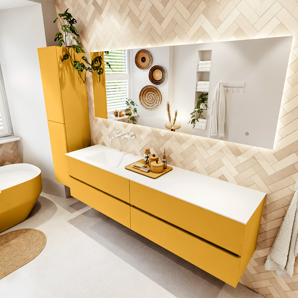 MONDIAZ VICA 190cm mueble de baño Ocher 4 cajones. Lavabo CLOUD Izquierda sin orificio color Talc con espejo LED. 1 MONDIAZ VICA 190cm mueble de baño Ocher 4 cajones. Lavabo CLOUD Izquierda sin orificio color Talc con espejo LED.