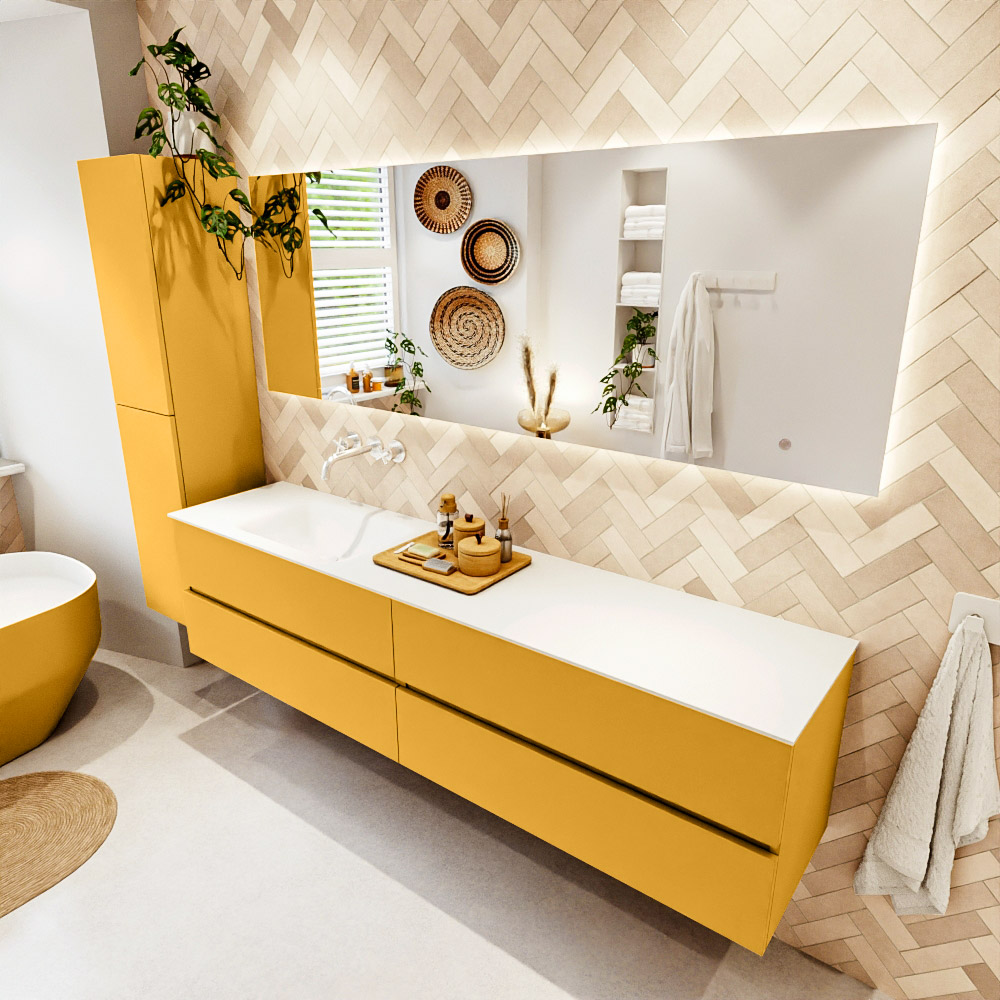 MONDIAZ VICA 200cm mueble de baño Ocher 4 cajones. Lavabo CLOUD Izquierda sin orificio color Talc con espejo LED. 1 MONDIAZ VICA 200cm mueble de baño Ocher 4 cajones. Lavabo CLOUD Izquierda sin orificio color Talc con espejo LED.