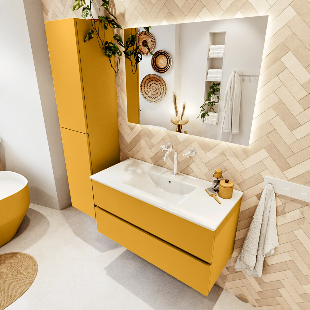MONDIAZ VICA 100cm mueble de baño Ocher 2 cajones. Lavabo DENIA Centro 1 orificio color Blanco brillo con espejo LED. 1 MONDIAZ VICA 100cm mueble de baño Ocher 2 cajones. Lavabo DENIA Centro 1 orificio color Blanco brillo con espejo LED.