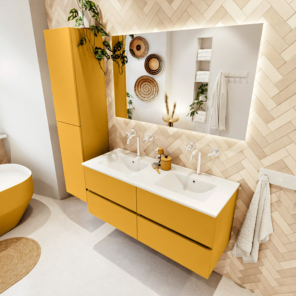 MONDIAZ VICA 120cm mueble de baño Ocher 4 cajones. Lavabo DENIA Doble 2 orificios color Blanco brillo con espejo LED. 1 MONDIAZ VICA 120cm mueble de baño Ocher 4 cajones. Lavabo DENIA Doble 2 orificios color Blanco brillo con espejo LED.