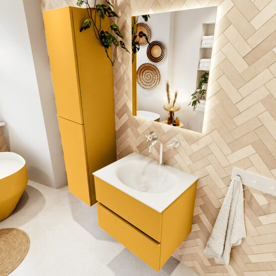 MONDIAZ VICA 60cm mueble de baño Ocher 2 cajones. Lavabo MOON Centro 1 orificio color Talc con espejo LED.