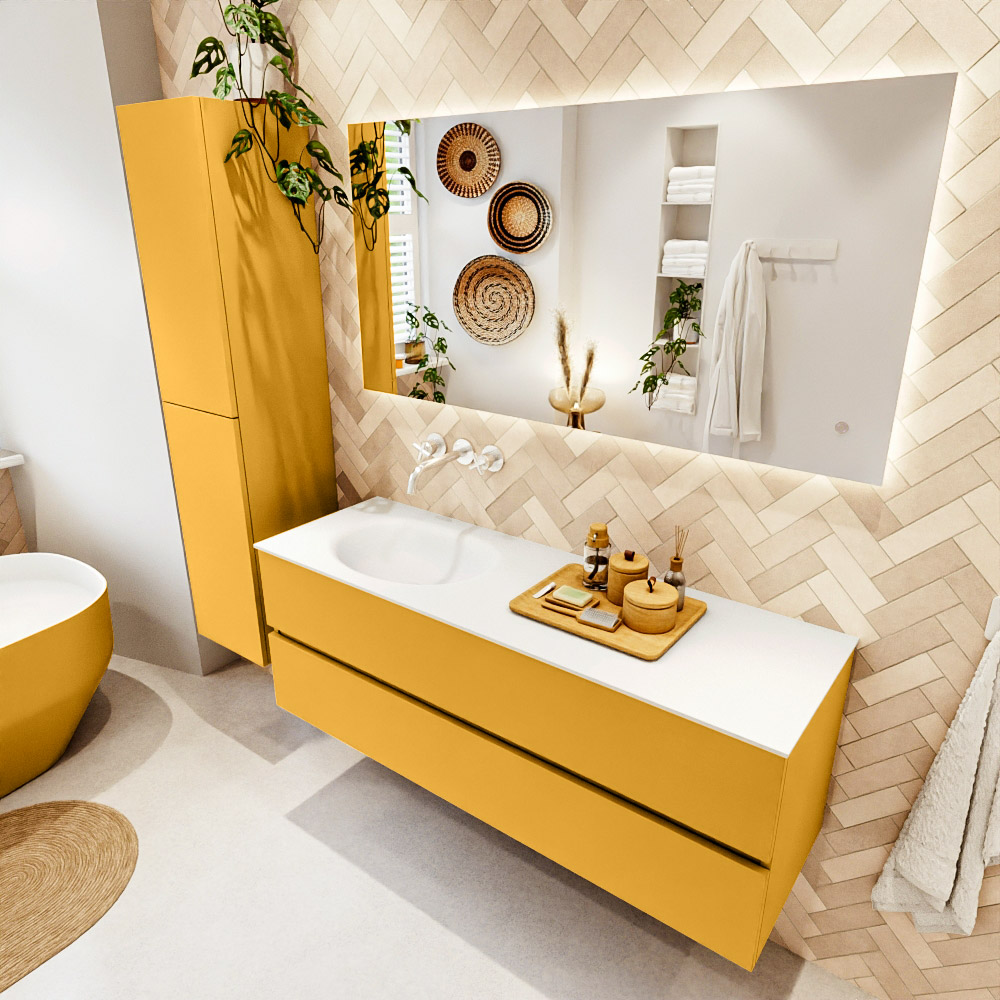MONDIAZ VICA 140cm mueble de baño Ocher 2 cajones. Lavabo MOON Izquierda sin orificio color Talc con espejo LED. 1 MONDIAZ VICA 140cm mueble de baño Ocher 2 cajones. Lavabo MOON Izquierda sin orificio color Talc con espejo LED.