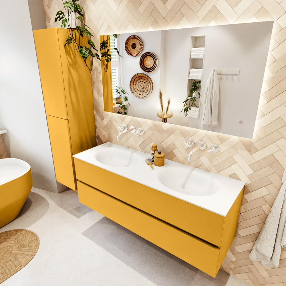 MONDIAZ VICA 140cm mueble de baño Ocher 2 cajones. Lavabo MOON Doble sin orificio color Talc con espejo LED. 1 MONDIAZ VICA 140cm mueble de baño Ocher 2 cajones. Lavabo MOON Doble sin orificio color Talc con espejo LED.