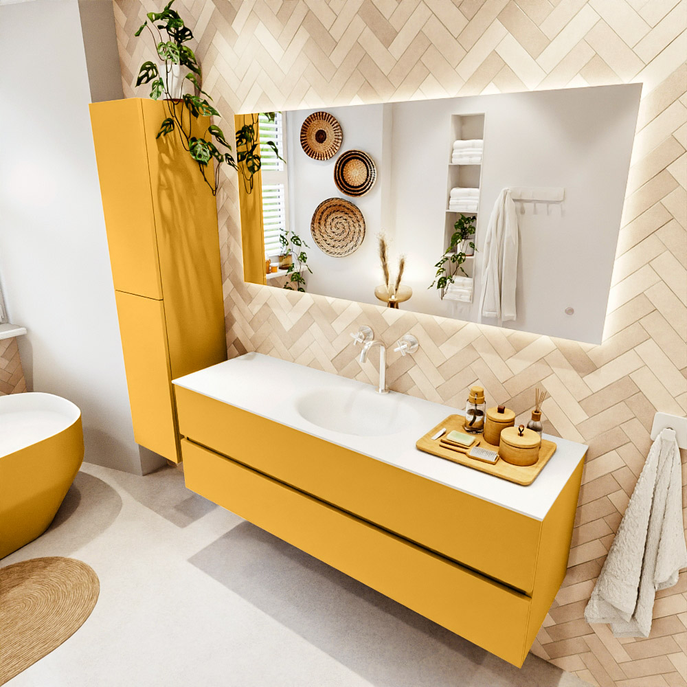 MONDIAZ VICA 150cm mueble de baño Ocher 2 cajones. Lavabo MOON Centro 1 orificio color Talc con espejo LED. 1 MONDIAZ VICA 150cm mueble de baño Ocher 2 cajones. Lavabo MOON Centro 1 orificio color Talc con espejo LED.