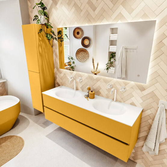 MONDIAZ VICA 150cm mueble de baño Ocher 2 cajones. Lavabo MOON Doble 2 orificios color Talc con espejo LED.