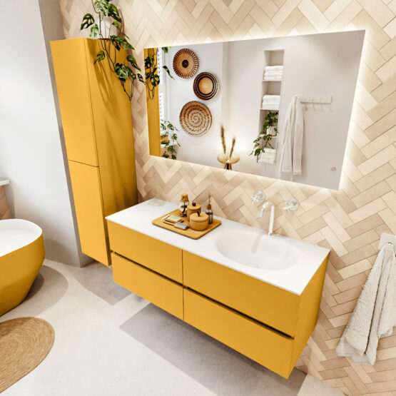 MONDIAZ VICA 130cm mueble de baño Ocher 4 cajones. Lavabo MOON Derecho 1 orificio color Talc con espejo LED.