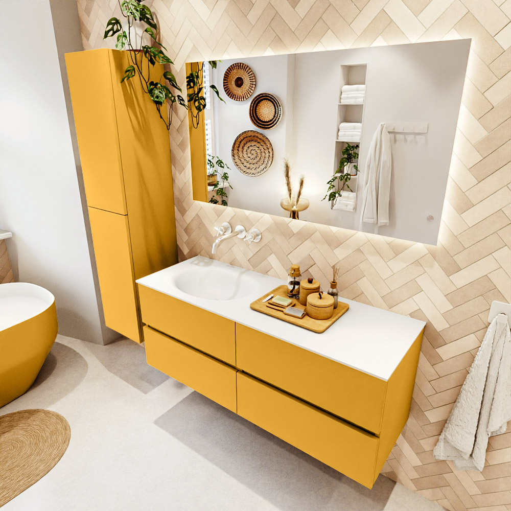 MONDIAZ VICA 130cm mueble de baño Ocher 4 cajones. Lavabo MOON Izquierda sin orificio color Talc con espejo LED. 1 MONDIAZ VICA 130cm mueble de baño Ocher 4 cajones. Lavabo MOON Izquierda sin orificio color Talc con espejo LED.
