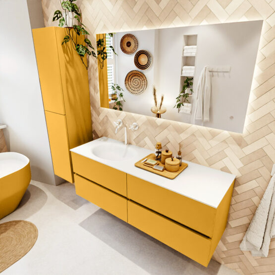 MONDIAZ VICA 140cm mueble de baño Ocher 4 cajones. Lavabo MOON Izquierda 1 orificio color Talc con espejo LED.