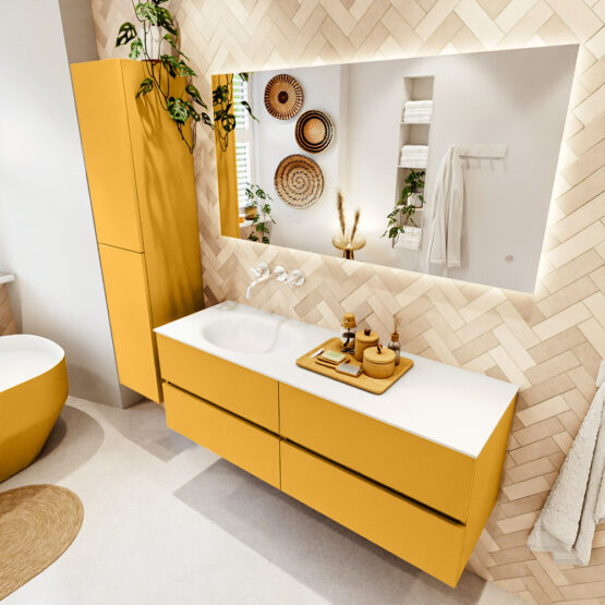 MONDIAZ VICA 140cm mueble de baño Ocher 4 cajones. Lavabo MOON Izquierda sin orificio color Talc con espejo LED.