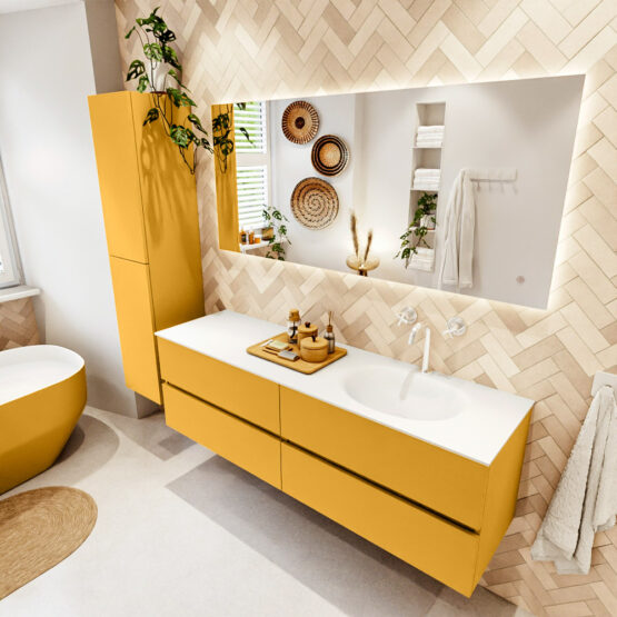 MONDIAZ VICA 160cm mueble de baño Ocher 4 cajones. Lavabo MOON Derecho 1 orificio color Talc con espejo LED.