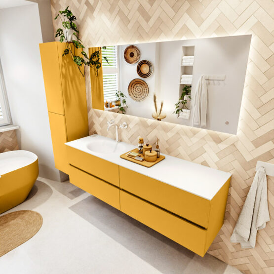 MONDIAZ VICA 170cm mueble de baño Ocher 4 cajones. Lavabo MOON Izquierda 1 orificio color Talc con espejo LED.
