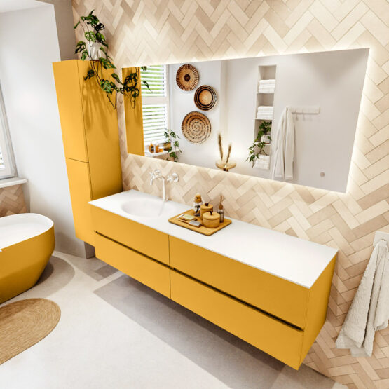 MONDIAZ VICA 180cm mueble de baño Ocher 4 cajones. Lavabo MOON Izquierda 1 orificio color Talc con espejo LED.
