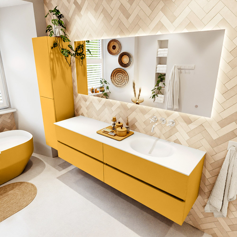 MONDIAZ VICA 180cm mueble de baño Ocher 4 cajones. Lavabo MOON Derecho sin orificio color Talc con espejo LED. 1 MONDIAZ VICA 180cm mueble de baño Ocher 4 cajones. Lavabo MOON Derecho sin orificio color Talc con espejo LED.