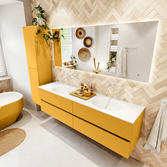 MONDIAZ VICA 180cm mueble de baño Ocher 4 cajones. Lavabo MOON Doble sin orificio color Talc con espejo LED.