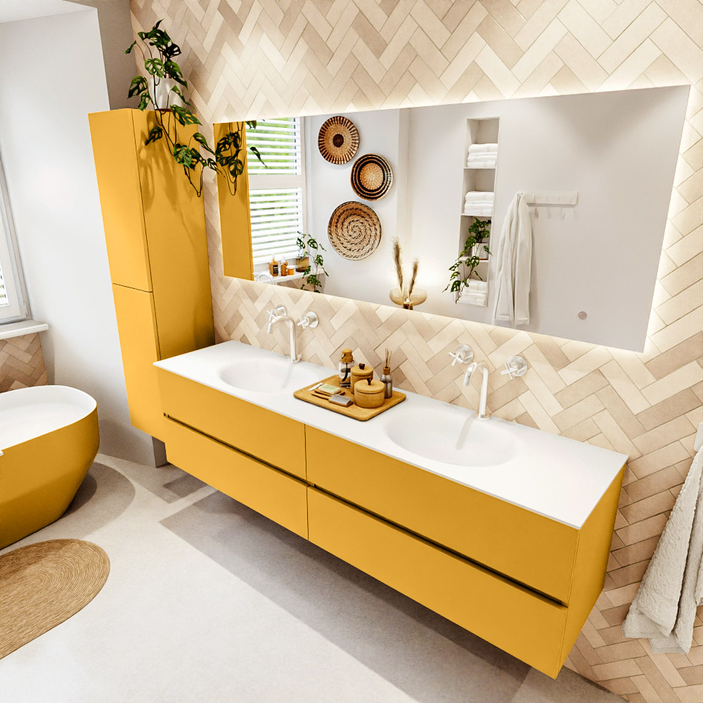 MONDIAZ VICA 190cm mueble de baño Ocher 4 cajones. Lavabo MOON Doble 2 orificios color Talc con espejo LED. 1 MONDIAZ VICA 190cm mueble de baño Ocher 4 cajones. Lavabo MOON Doble 2 orificios color Talc con espejo LED.