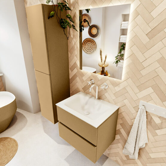 MONDIAZ VICA 60cm mueble de baño Oro 2 cajones. Lavabo CLOUD Centro 1 orificio color Talc con espejo LED.
