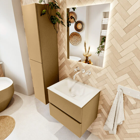 MONDIAZ VICA 60cm mueble de baño Oro 2 cajones. Lavabo CLOUD Centro sin orificio color Talc con espejo LED.