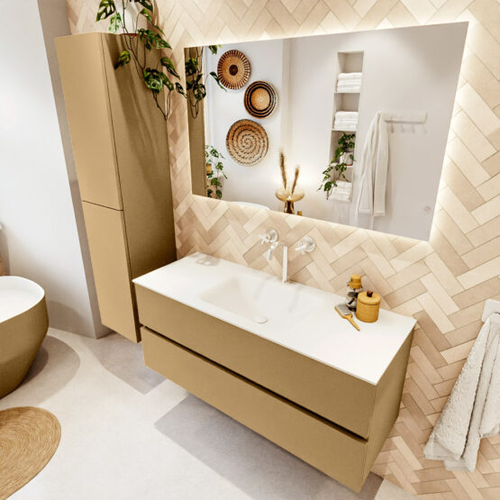 MONDIAZ VICA 120cm mueble de baño Oro 2 cajones. Lavabo CLOUD Centro 1 orificio color Talc con espejo LED.