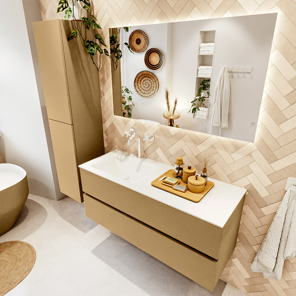 MONDIAZ VICA 120cm mueble de baño Oro 2 cajones. Lavabo CLOUD Izquierda 1 orificio color Talc con espejo LED. 1 MONDIAZ VICA 120cm mueble de baño Oro 2 cajones. Lavabo CLOUD Izquierda 1 orificio color Talc con espejo LED.