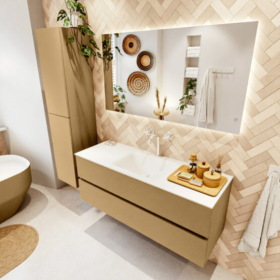 MONDIAZ VICA 130cm mueble de baño Oro 2 cajones. Lavabo CLOUD Centro 1 orificio color Talc con espejo LED.