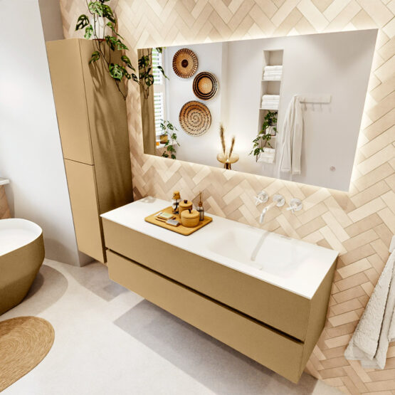 MONDIAZ VICA 140cm mueble de baño Oro 2 cajones. Lavabo CLOUD Derecho sin orificio color Talc con espejo LED.