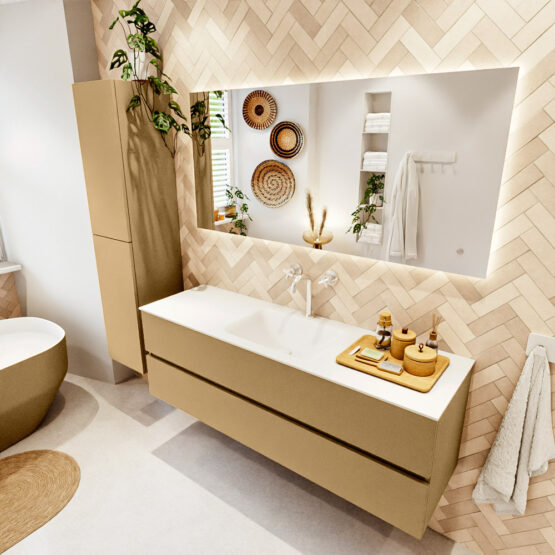 MONDIAZ VICA 150cm mueble de baño Oro 2 cajones. Lavabo CLOUD Centro 1 orificio color Talc con espejo LED.