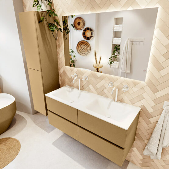 MONDIAZ VICA 120cm mueble de baño Oro 4 cajones. Lavabo CLOUD Doble 2 orificios color Talc con espejo LED.