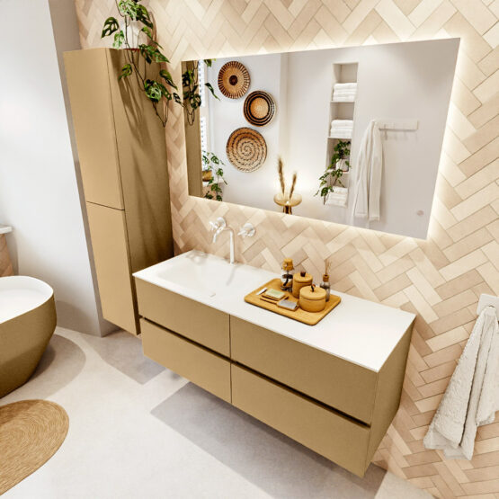 MONDIAZ VICA 130cm mueble de baño Oro 4 cajones. Lavabo CLOUD Izquierda 1 orificio color Talc con espejo LED.