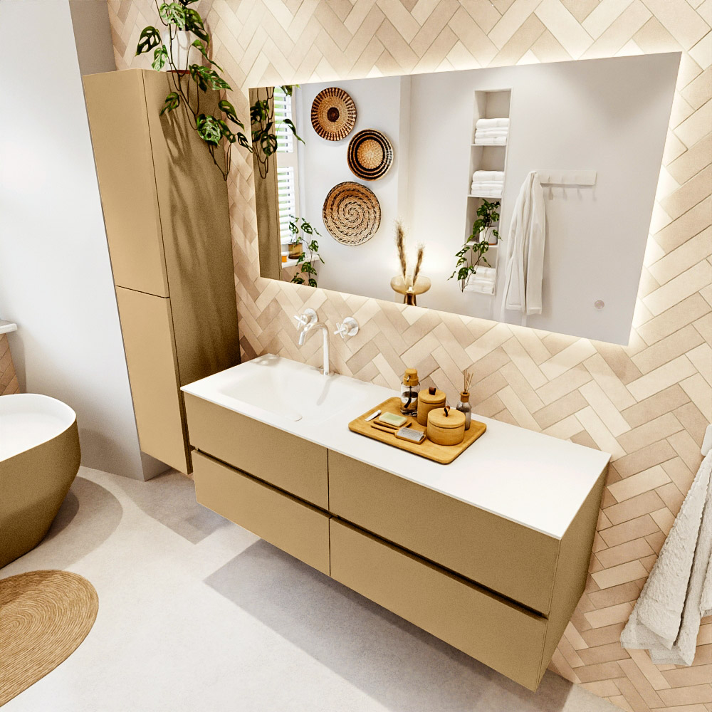 MONDIAZ VICA 140cm mueble de baño Oro 4 cajones. Lavabo CLOUD Izquierda 1 orificio color Talc con espejo LED. 1 MONDIAZ VICA 140cm mueble de baño Oro 4 cajones. Lavabo CLOUD Izquierda 1 orificio color Talc con espejo LED.