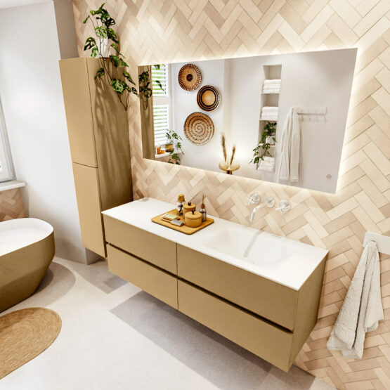 MONDIAZ VICA 150cm mueble de baño Oro 4 cajones. Lavabo CLOUD Derecho sin orificio color Talc con espejo LED.