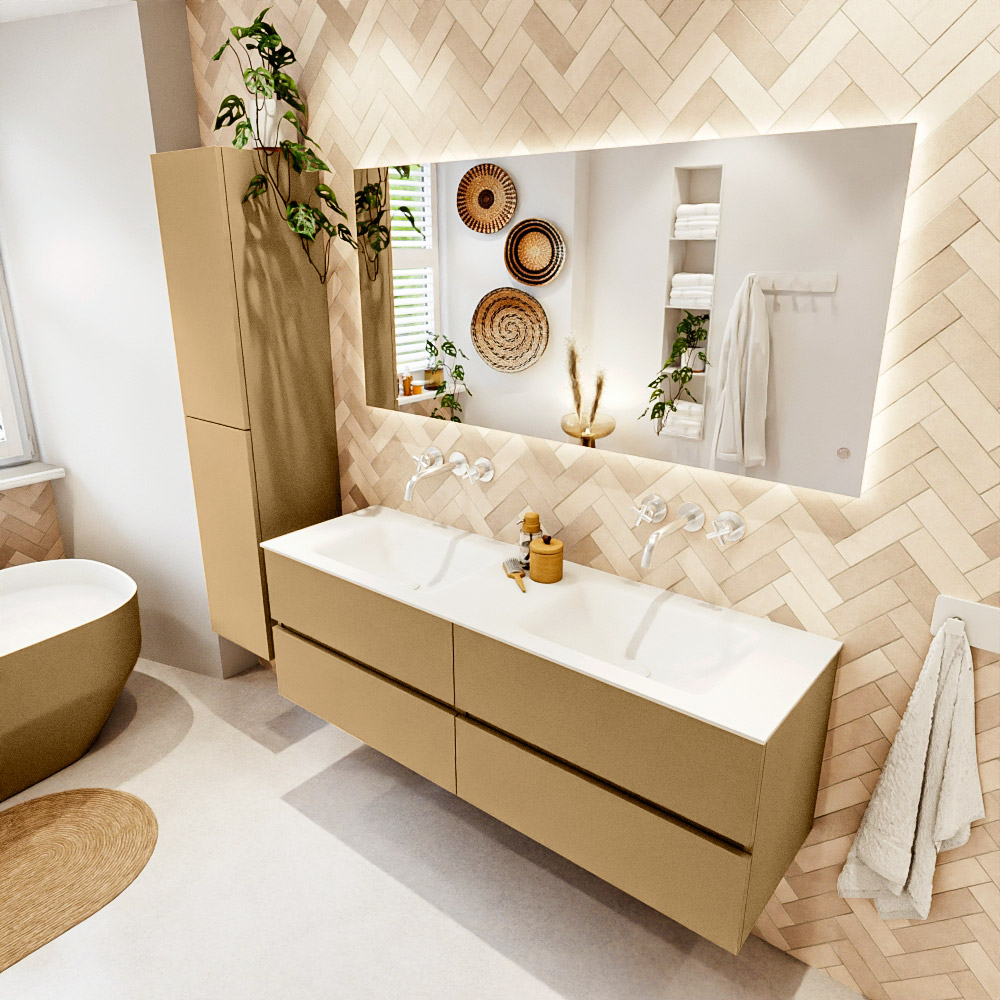 MONDIAZ VICA 150cm mueble de baño Oro 4 cajones. Lavabo CLOUD Doble sin orificio color Talc con espejo LED. 1 MONDIAZ VICA 150cm mueble de baño Oro 4 cajones. Lavabo CLOUD Doble sin orificio color Talc con espejo LED.