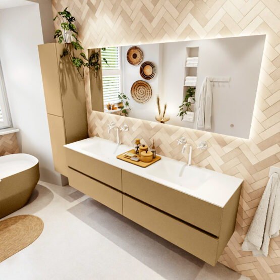 MONDIAZ VICA 180cm mueble de baño Oro 4 cajones. Lavabo CLOUD Doble 2 orificios color Talc con espejo LED.