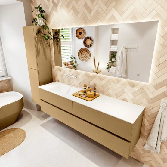MONDIAZ VICA 180cm mueble de baño Oro 4 cajones. Lavabo CLOUD Izquierda sin orificio color Talc con espejo LED.