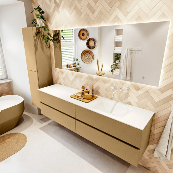 MONDIAZ VICA 190cm mueble de baño Oro 4 cajones. Lavabo CLOUD Derecho sin orificio color Talc con espejo LED.