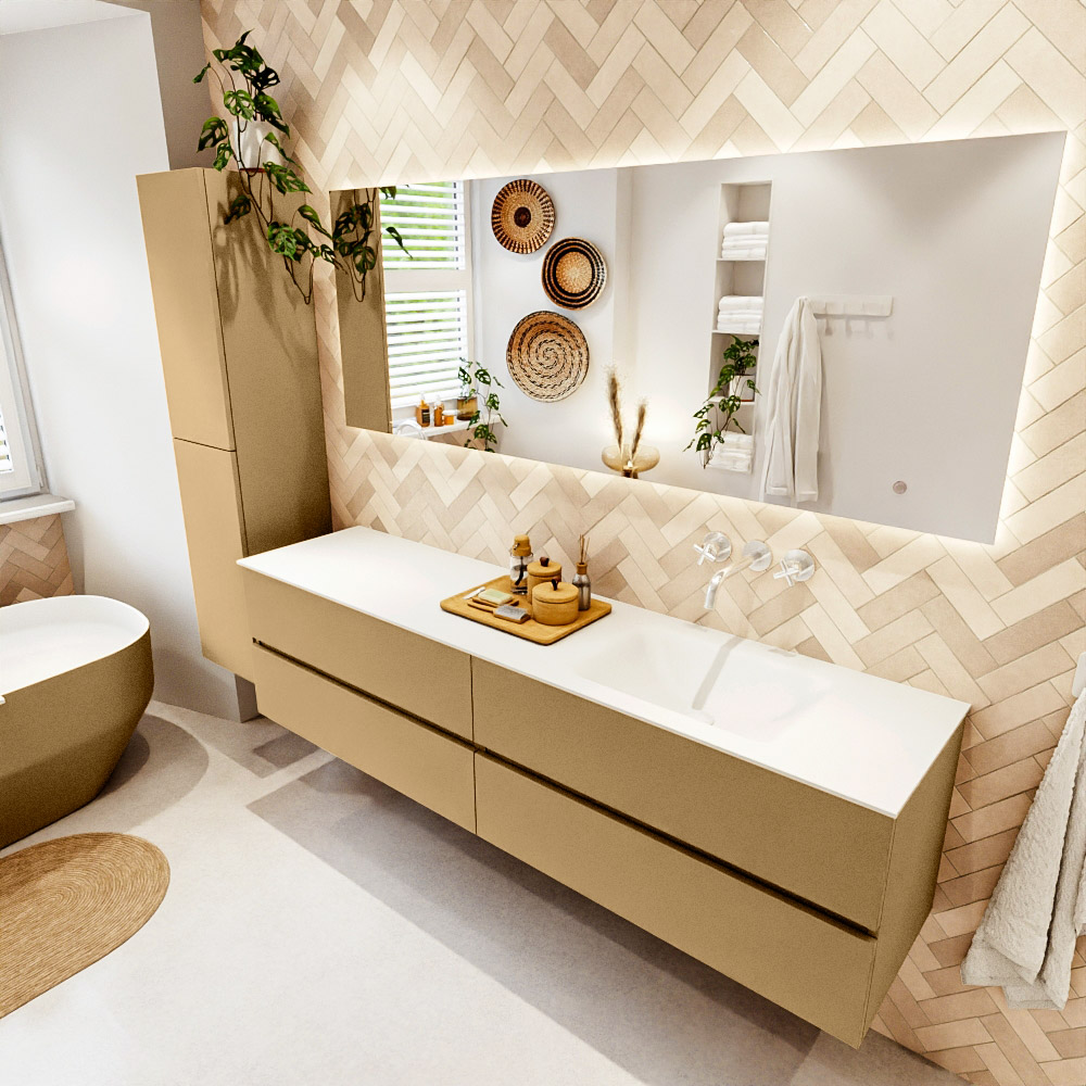 MONDIAZ VICA 190cm mueble de baño Oro 4 cajones. Lavabo CLOUD Derecho sin orificio color Talc con espejo LED. 1 MONDIAZ VICA 190cm mueble de baño Oro 4 cajones. Lavabo CLOUD Derecho sin orificio color Talc con espejo LED.