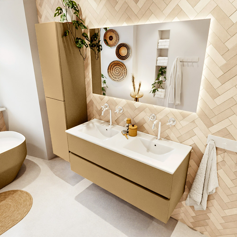 MONDIAZ VICA 120cm mueble de baño Oro 2 cajones. Lavabo DENIA Doble 2 orificios color Blanco brillo con espejo LED. 1 MONDIAZ VICA 120cm mueble de baño Oro 2 cajones. Lavabo DENIA Doble 2 orificios color Blanco brillo con espejo LED.
