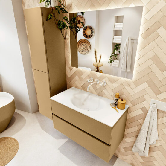 MONDIAZ VICA 90cm mueble de baño Oro 2 cajones. Lavabo MOON Centro sin orificio color Talc con espejo LED.