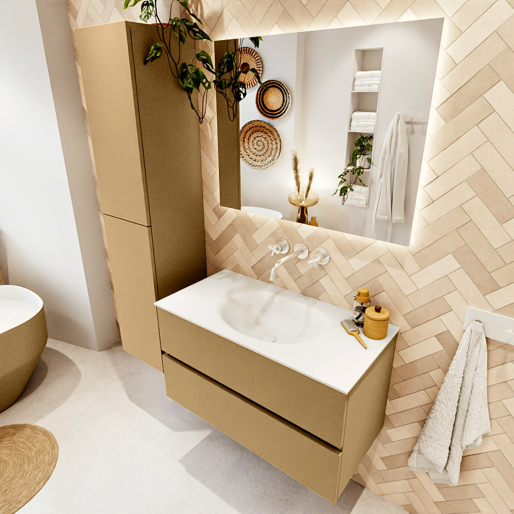MONDIAZ VICA 90cm mueble de baño Oro 2 cajones. Lavabo MOON Centro sin orificio color Talc con espejo LED. 1 MONDIAZ VICA 90cm mueble de baño Oro 2 cajones. Lavabo MOON Centro sin orificio color Talc con espejo LED.
